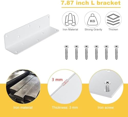 8" x 2" x 2" L Brackets Heavy Duty, Large Iron Corner Bracket Metal Joint, Thickness 3mm Including Screws, for Wooden Bookshelf Furniture Cabinet (White-4PCS)