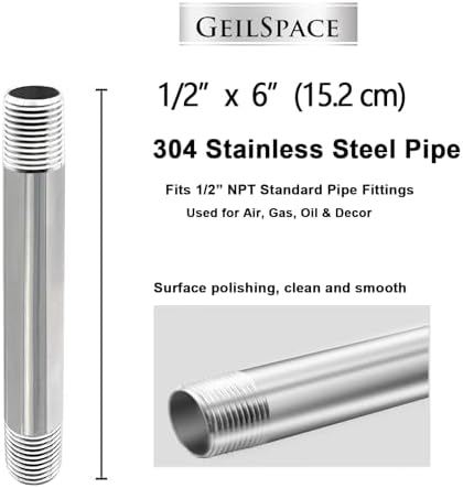 GeilSpace 1/2" x 6" 304 Stainless Steel Nipple Pipe Fitting, NPT Threaded