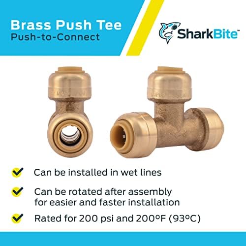 SharkBite 1/4 Inch (3/8 Inch OD) Tee, Push to Connect Brass Plumbing Fitting, PEX Pipe, Copper, CPVC, PE-RT, HDPE, U358LFA