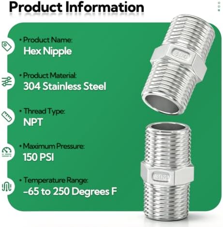 TAISHER 20PCS Cast 304 Stainless Steel Hex Nipple, Pipe Fitting 1/4" NPT Male x 1/4" NPT Male