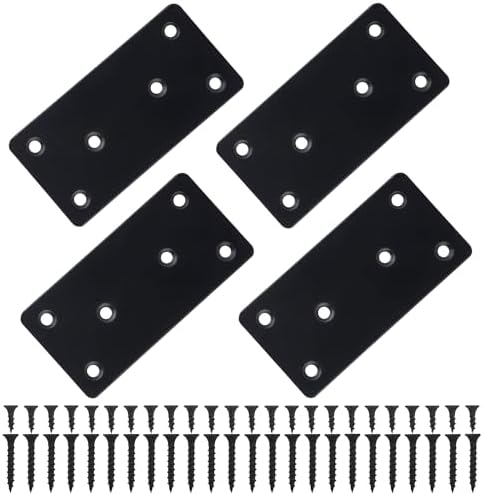 4 Pcs Flat Mending Plate, 1.9''x3.9'' Black Stainless Steel Metal Flat Straight Brace Bracket, Fixing Brace Joining Plates for Furniture, Wood, Shelves, Cabinet with 2 Different Lengths of Screws