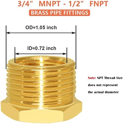 Hooshing 6PCS Brass Reducer Hex Bushing 3/4" NPT Male x 1/2" NPT Female