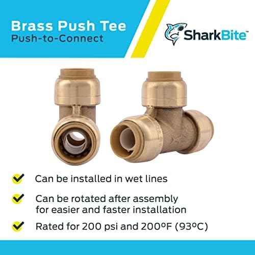 SharkBite 1/2 Inch Tee, Pack of 4, Push to Connect Brass Plumbing Fitting, PEX Pipe, Copper, CPVC, PE-RT, HDPE, U362LFA4