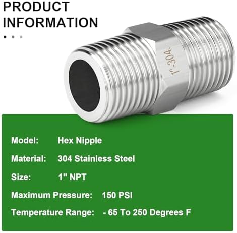 TAISHER 5PCS 304 SS New Hex Nipple,1" NPT Male, Pipe Adapter Fitting