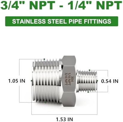 TAISHER 2PCS Forging of 304 Stainless Steel Reducer Hex Nipple, 3/4" NPT Male x 1/4" NPT Male Pipe Fitting