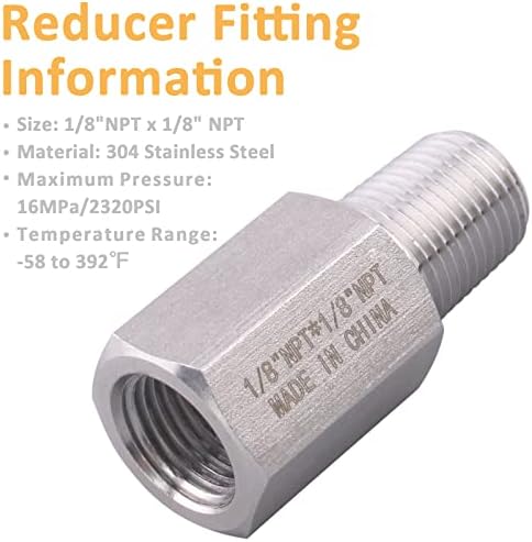 Forged Reducer Adapter Fitting - Stainless Steel 304 Reducing Pipe Connector, 1/8" NPT Female x 1/8" NPT Male (pack of 2)