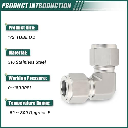 1PCS 316 Stainless Steel 90 Degree Compression Tube Pipe Fitting Connector, 1/2" x 1/2" Tube OD Adapter cast sleeve joint for Air/Fuel/Water/Gas/Oi