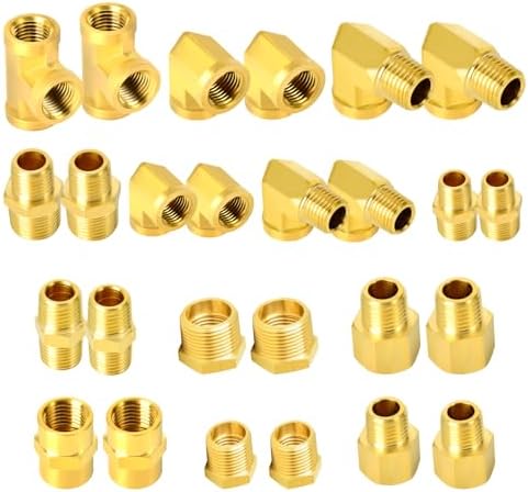 GASHER 26PCS Brass Pipe Fitting Kit, Hex Bushing, Reducer Adapter, Hex Nipple, 90 Degree Barstock Street Elbow