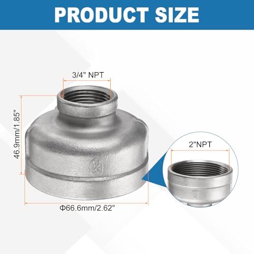 HARFINGTON Reducing Coupling 2"x3/4" NPT Female 304 Stainless Steel