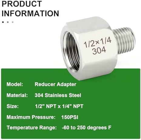 TAISHER 10PCS 304 Stainless Steel Pipe Fitting, New Reducer Adapter, 1/4" NPT Male x 1/2" NPT Female, Reducing Pipe Adapter Fitting