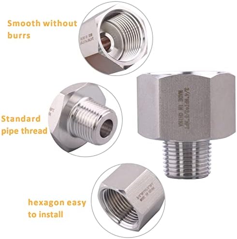 Forged Reducer Adapter Fitting - Stainless Steel 304 Reducing Pipe Connector, 3/4" NPT Female x 3/8" NPT Male (pack of 5)