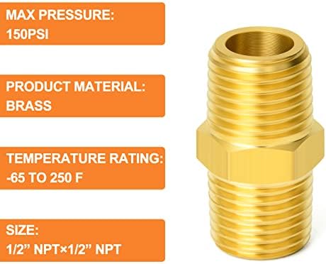 GASHER 5PC Brass Pipe Fitting, Reducing Hex Nipple, 1/2-Inch Male Pipe x 1/2-Inch Male Pipe