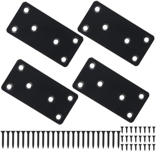 Mending Plate, Black Metal Flat Straight Brace Bracket, Double-Wide Metal Plate, Joining Plate for Wood Furniture Fence Fastening with Screws in 2 Different Lengths (40x80mm, 4 Pack)
