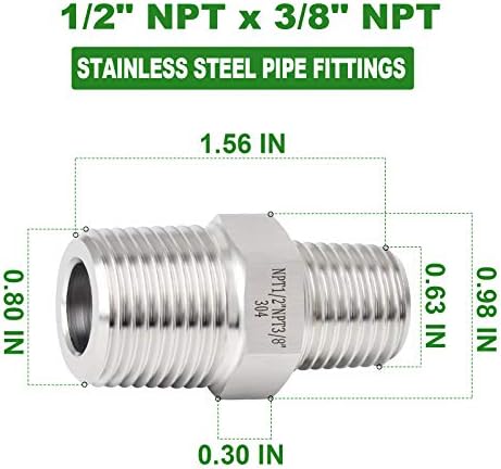 TAISHER 2PCS 304 Stainless Steel Hex Nipple, Reducer Pipe Fitting 1/2-Inch Male Pipe x 3/8-Inch Male Pipe