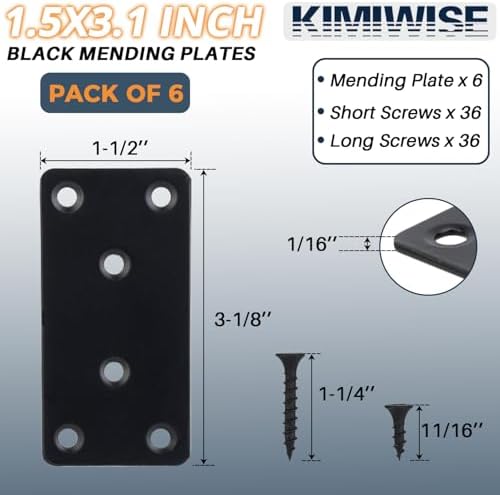 6 Pcs Flat Mending Plate, 1.5''x3.1'' Black Stainless Steel Metal Flat Straight Brace Bracket, Fixing Brace Joining Plates for Furniture, Wood, Shelves, Cabinet with 2 Different Lengths of Screws