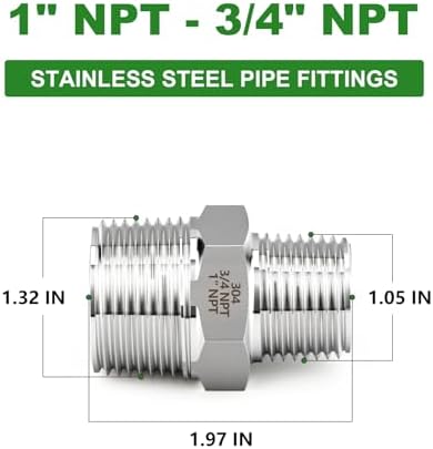 TAISHER 2PCS Forging of 304 Stainless Steel Reducer Hex Nipple, 1" NPT Male x 3/4" NPT Male Pipe Fitting
