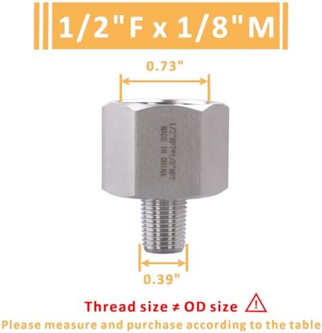 Forged Reducer Adapter Fitting - Stainless Steel 304 Reducing Pipe Connector, 1/2" NPT Female x 1/8" NPT Male (pack of 2)