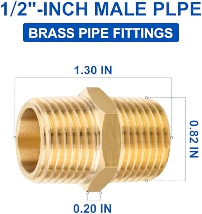 10Pcs EFIELD Hex Nipple 1/2"x 1/2"NPT Male Brass Pipe Fitting(NPT013-10)
