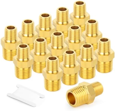 GASHER Brass Reducing Hex Nipples,1/4 Inch NPT Male x 1/8 Inch NPT Male Brass Pipe Adapter Fittings Reducing Nipples Connector（15Pcs）