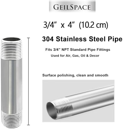 GeilSpace 3/4" x 4" 304 Stainless Steel Nipple Pipe Fitting, NPT Threaded