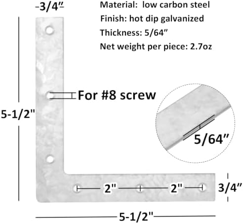 10 Pack 5-1/2" x 5-1/2" x 3/4" Flat Corner Brace, L Flat Mending Plate