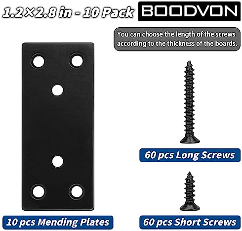 Mending Plate, Metal Steel Flat Straight Brace Bracket, Black Double-Wide Joining Plate for Wood Furniture Fastening & Fixing with 2 Sets of Screws of Different Lengths(30x70mm, 10 Pack)
