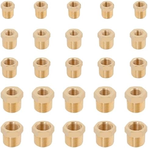 KOOTANS 25PCS Brass Hex Bushing Kit Brass Fittings Assortment 1/4" to 1/8", 3/8" to 1/8", 3/8" to 1/4", 1/2" to 1/4", 1/2" to 3/8" NPT Reducer Pipe Fittings Adapter Fitting