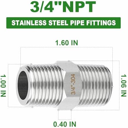 TAISHER 2PCS 304 SS New Hex Nipple,3/4" NPT Male, Pipe Adapter Fitting