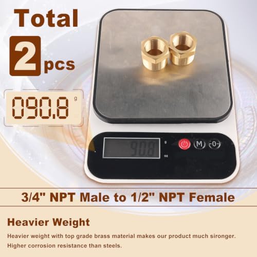 2PCS 3/4" NPT Male x 1/2" NPT Female Brass Hex Bushing, Reducing Fitting