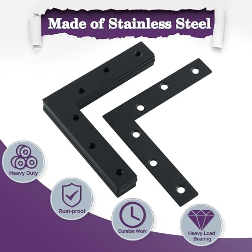 Alise L Flat Brackets for Wood,Corner Bracket Mending Plate,Black,4Pcs