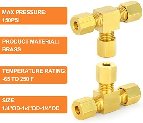GASHER 5PCS Brass Compression Tube Pipe Fitting Connector, Tee，3/16" x 3/16" x 3/16" Tube OD Connector