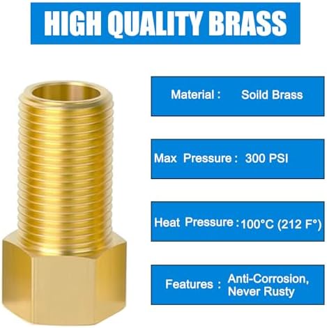 1/2" Brass Pipe Fitting, 1/2" Female to 1/2" Male Pipe Extension Fittings Connector for Tub Spout/Shower, Hex Bushing Converter Adapter, Length 30MM/40MM/50MM/70MM/100MM (5pcs) with Teflon Tape (2pcs)