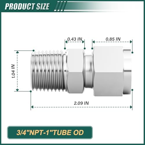 1PCS 304 Forging of Stainless Steel Compression Tube Pipe Fitting Connector, 1" Tube OD x 3/4" NPT Male Straight Adapter for fuel/air/liquid/oil/gas/vacuum pipelines