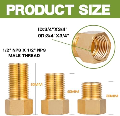 Brass Pipe Fitting, 1/2" Female to 1/2" Male Pipe Nipple Extension Connector, Hex Bushing Adapter Set with Teflon Tape, Length 30MM/40MM/50MM (3PCS)