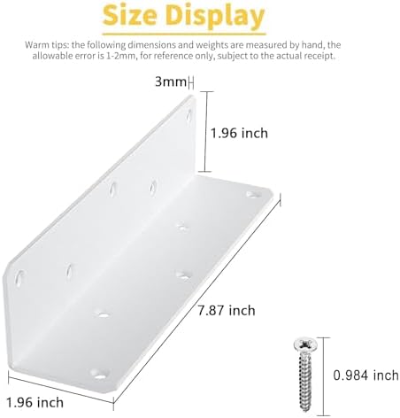8" x 2" x 2" L Brackets Heavy Duty, Large Iron Corner Bracket Metal Joint, Thickness 3mm Including Screws, for Wooden Bookshelf Furniture Cabinet (White-4PCS)