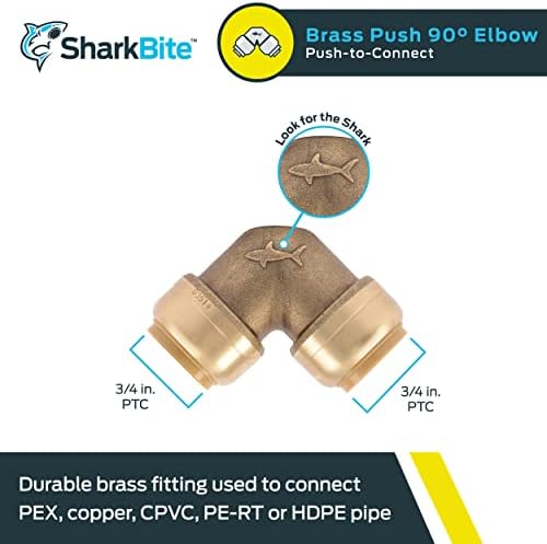 SharkBite 3/4 Inch 90 Degree Elbow, Push to Connect Brass Plumbing Fitting, PEX Pipe, Copper, CPVC, PE-RT, HDPE, U256LFA