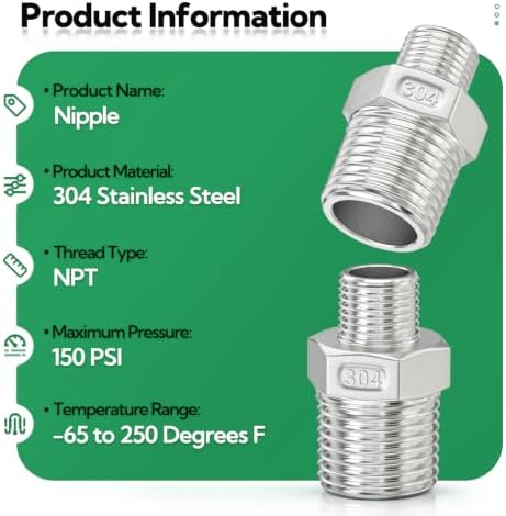 TAISHER 5PCS Cast 304 Stainless Steel Hex Nipple, Reducer Pipe Fitting 1/2-Inch Male Pipe x 3/8-Inch Male Pipe