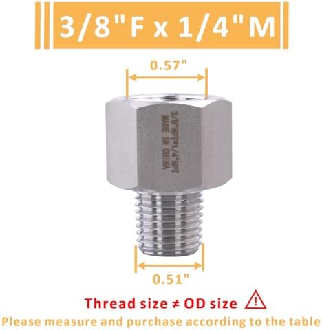 Forged Reducer Adapter Fitting - Stainless Steel 304 Reducing Pipe Connector, 3/8" NPT Female x 1/4" NPT Male (pack of 2)