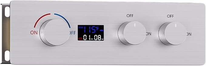 2 Way Shower Diverter Valve Brass 2 Functions Digital Temperature Display Thermostatic Shower Mixing Kit 3 Handle Flow Cotrol Valve, Can Run Simultaneously (Brushed Nickel)