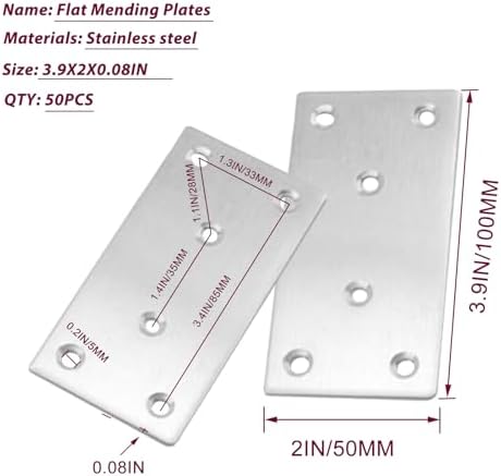 50PCS Flat Metal Brackets, 4" 304 Stainless Steel Mending Plates