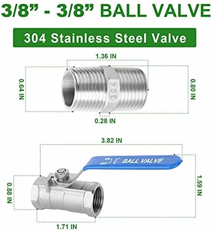 TAISHER 4 Pcs 3/8 Inch FNPT Ball Valve Kit, 304 Stainless Steel with Blue Handles & Nipple