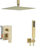 ‎Brushed Gold Shower System Bathroom 12 Inch Rain Shower Head Ceiling Mount with Handheld Luxury High Pressure Shower Combo Set Shower Faucet Rough-in Valve Body and Trim Kit