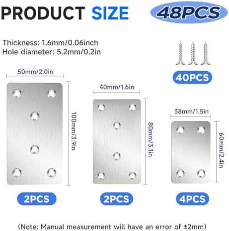 8Sets 3Sizes 2.4x1.5'' 3.1x1.5'' 4x2'' Silver Flat Metal Brace Brackets Straight Mending Plates for Wood Stainless Steel Bracket Plate with Holes YY032-B