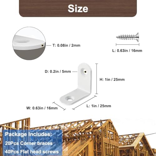 20 Pcs White L Bracket 1 Inch Stainless Steel Corner Braces, 25x25MM 90 Degree Right Angle Joint Brackets for DIY Wood, Furniture, Frame, with Screws