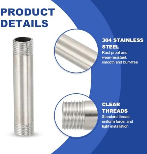 PATIKIL 304 Stainless Steel Pipe Fitting, 2 Pack 1/2" BSP Male x 1/2" BSP Male Threaded 3" Length Nipple Cast Pipe for Extending Piping, Silver