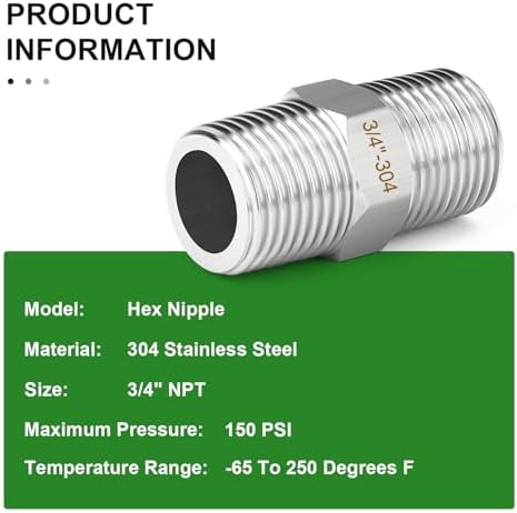 TAISHER 2PCS 304 SS New Hex Nipple,3/4" NPT Male, Pipe Adapter Fitting