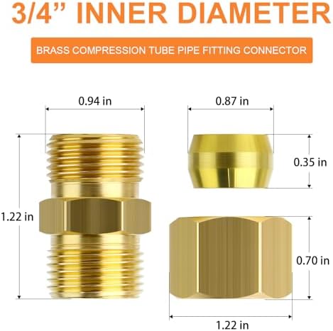 GASHER 2PCS Brass Compression Tube Pipe Fitting Connector, 3/4" Tube OD x 3/4" Tube OD Connector