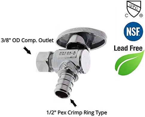 EZ-Fluid 3/8" OD Comp x 1/2" PEX 1/4-Turn Chrome Brass Angle Stop Valve Water Shut Off Ball Valve LF Barb Crimp Ring Type (54-Packs)