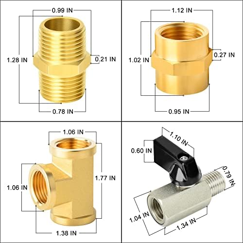 GASHER 8PCS 1/2 Inch NPT Brass Pipe Fitting, Female and Male Thread Mini Ball Valve, Barstock Tee Brass Pipe Fitting and Air Hose Fitings