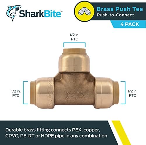 SharkBite 1/2 Inch Tee, Pack of 4, Push to Connect Brass Plumbing Fitting, PEX Pipe, Copper, CPVC, PE-RT, HDPE, U362LFA4